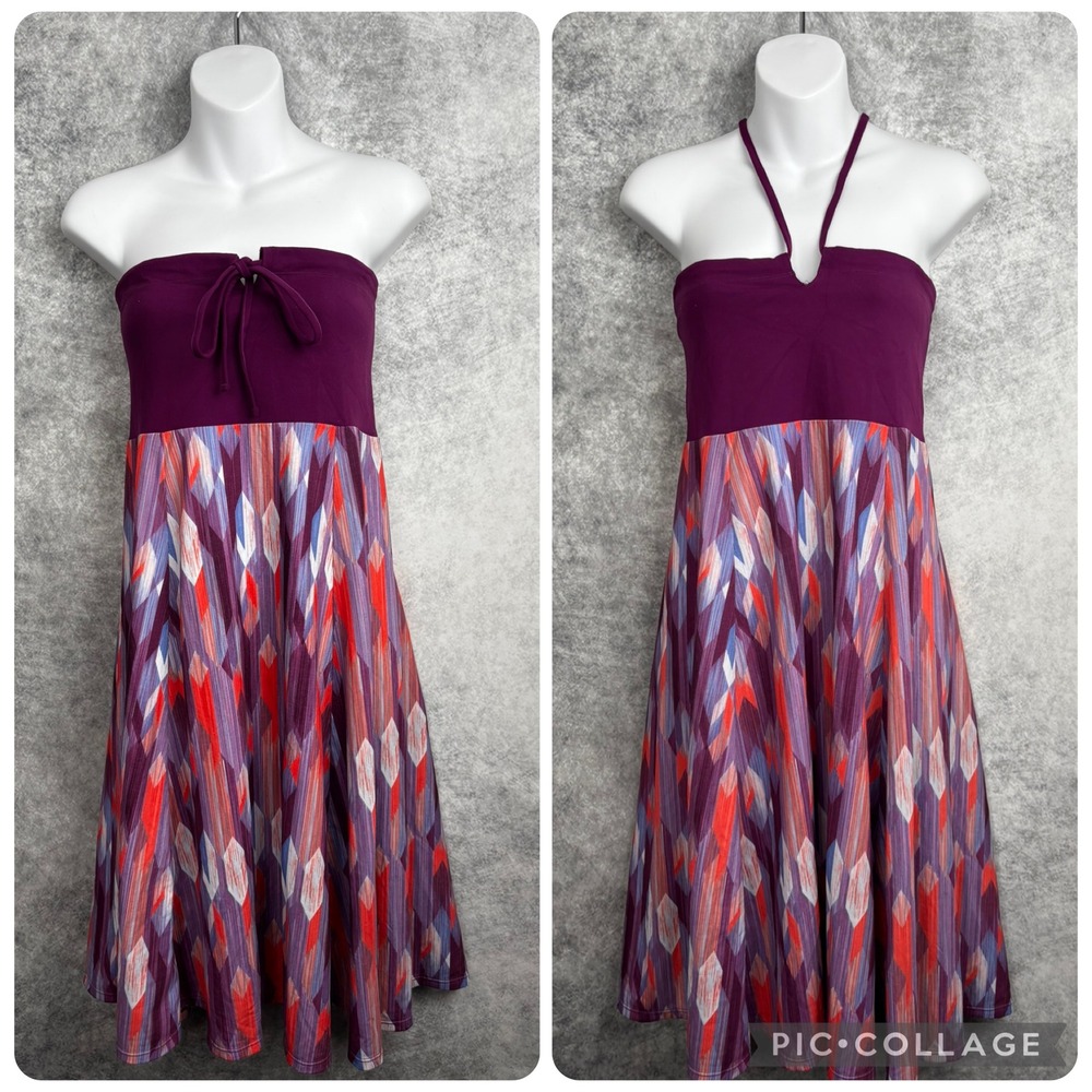 Prana Solana Convertible Purple Halter Bandeau Empire Waist Midi Dress Sz Medium